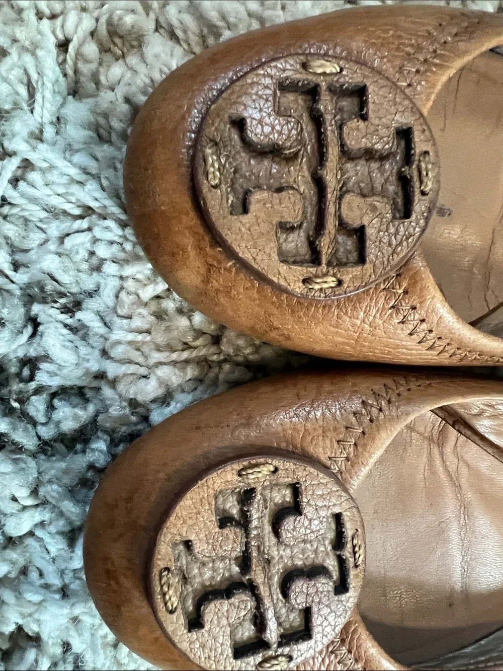 TORY BURCH Cognac Leather Logo Ballet Flats